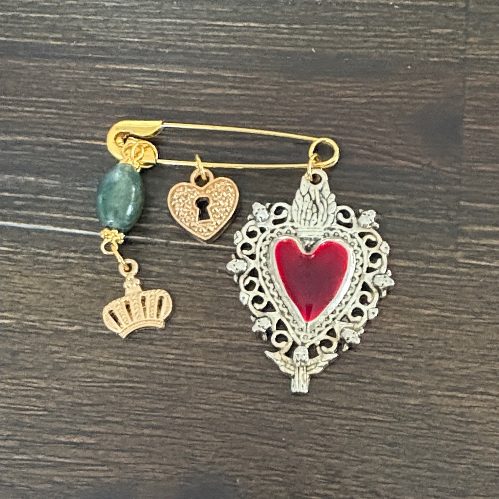 Hand Crafted Heart Brooch with Red and Gold Charms
